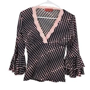 Nana Baila y2k Blouse Top Black Pink Polka Dot Lace Trim Ruffle Sleeve Size 2